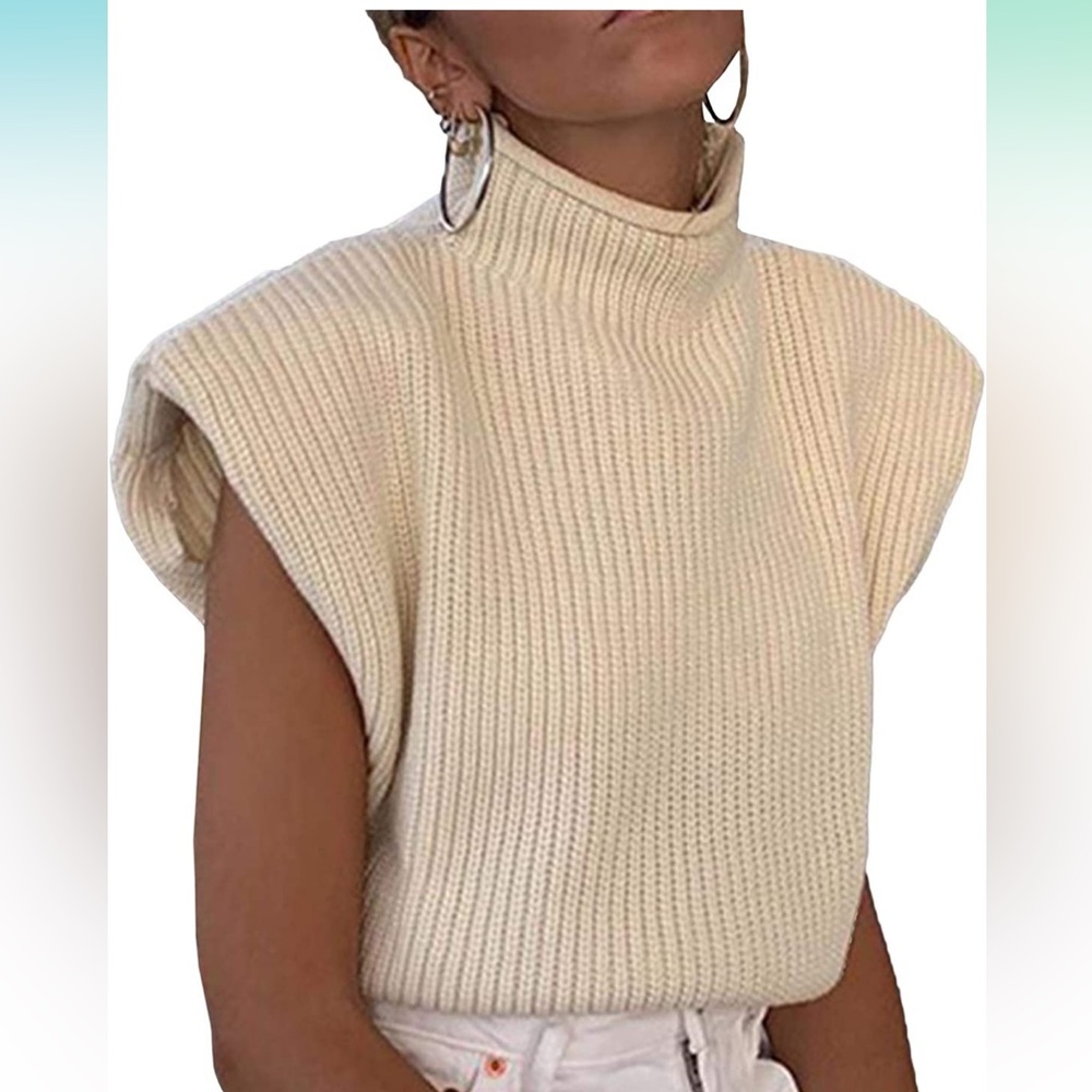 Sleeveless Knitted Sweater Top Turtleneck Wide Shoulder